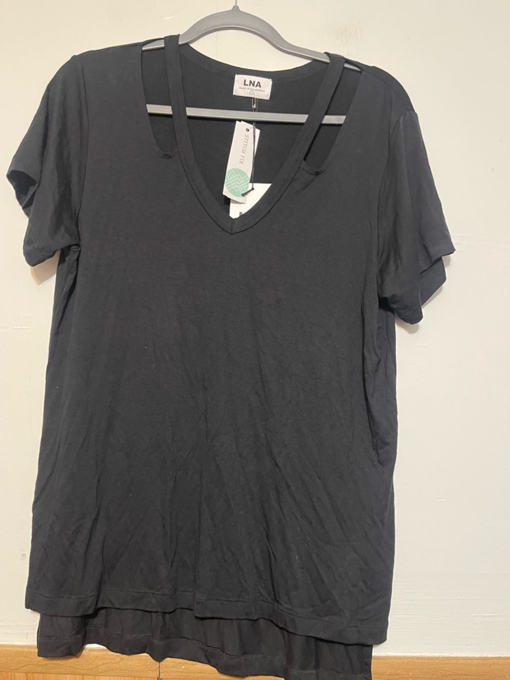 LNA Black Double-Layer V-Neck Short Sleeve Tee
